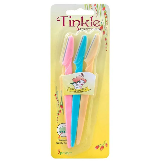 Tinkle Eyebrow Razor 3 Pieces SetTinkle Eyebrow Razor 3 Pieces Set is a convenient way to remove unwanted hair from eyebrows, neck, and face without hassle. It is equipped with stainless steel razors with safety covers.