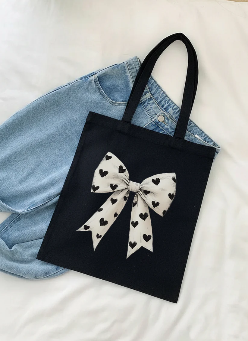 VINTAGE HEART BOW GRAPHIC TOTE BAG BLACK