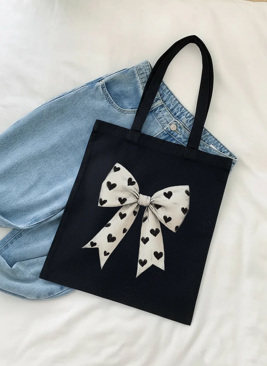 VINTAGE HEART BOW GRAPHIC TOTE BAG BLACK