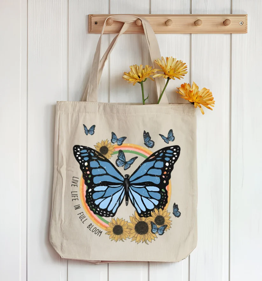 FULL BLOOM BUTTERFLY TOTE BAG BEIGE