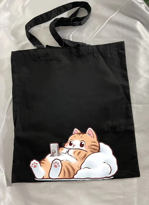 LAZY MODE CAT TOTE BAG BLACK