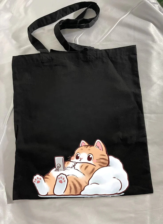 LAZY MODE CAT TOTE BAG BLACK